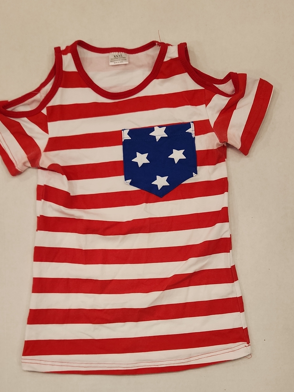 Kids Red & White Striped Cold-Shoulder Tee with Blue Star Pocket